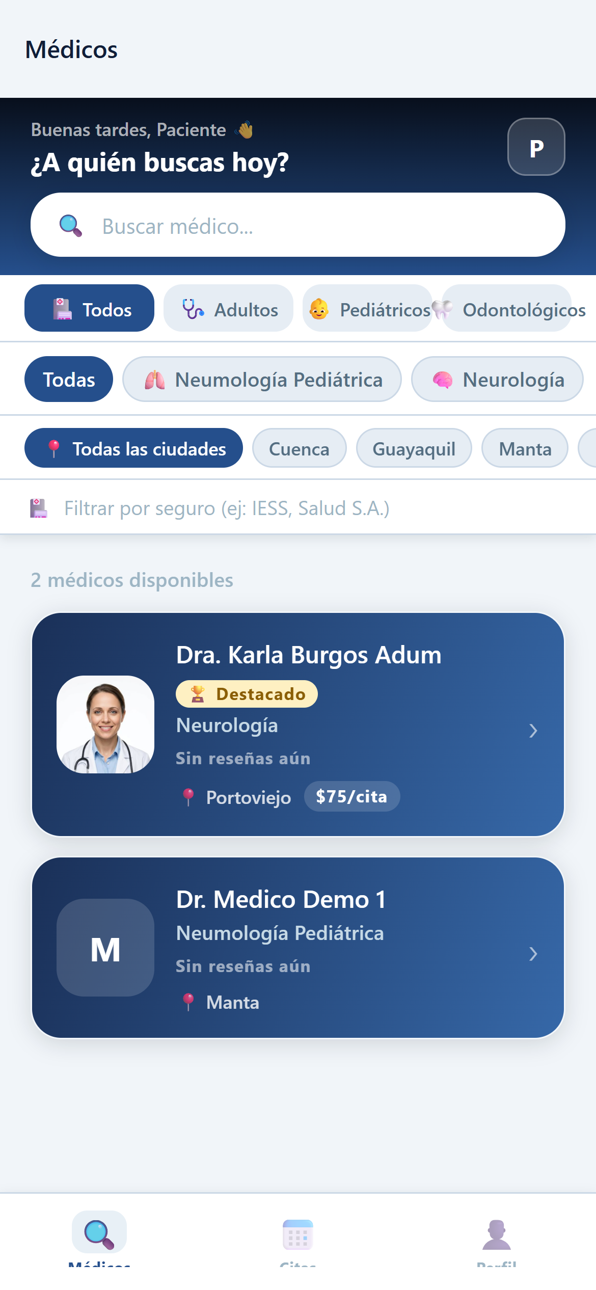 Directorio de médicos verificados en la app MedLink