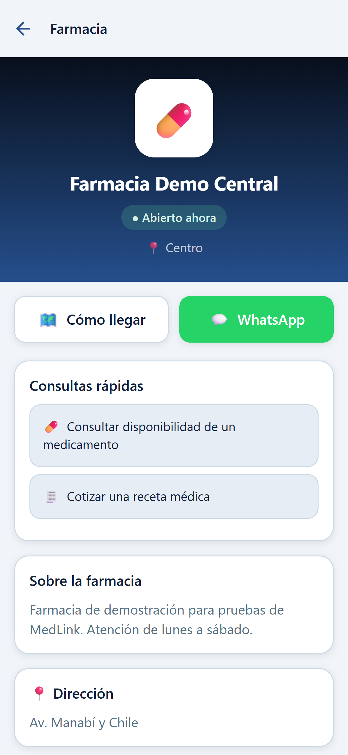 Pantalla de farmacia en MedLink con cómo llegar, WhatsApp y consultas rápidas