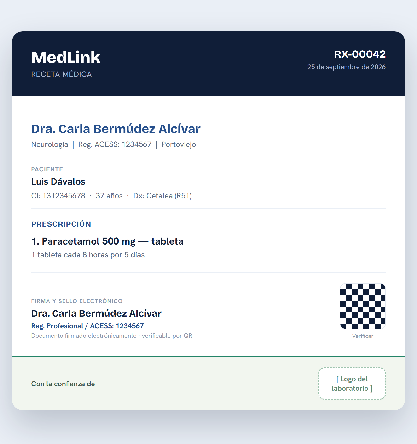 Ejemplo de receta MedLink con la marca del laboratorio